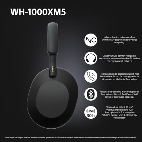 Sony WH-1000XM5 Noise Cancelling draadloze hoofdtelefoon - 30 uur batterijduur - Over-ear - Geoptimaliseerd voor Alexa en Google Assistent - met ingebouwde microfoon voor telefoongesprekken - Zwart - Afbeelding 3