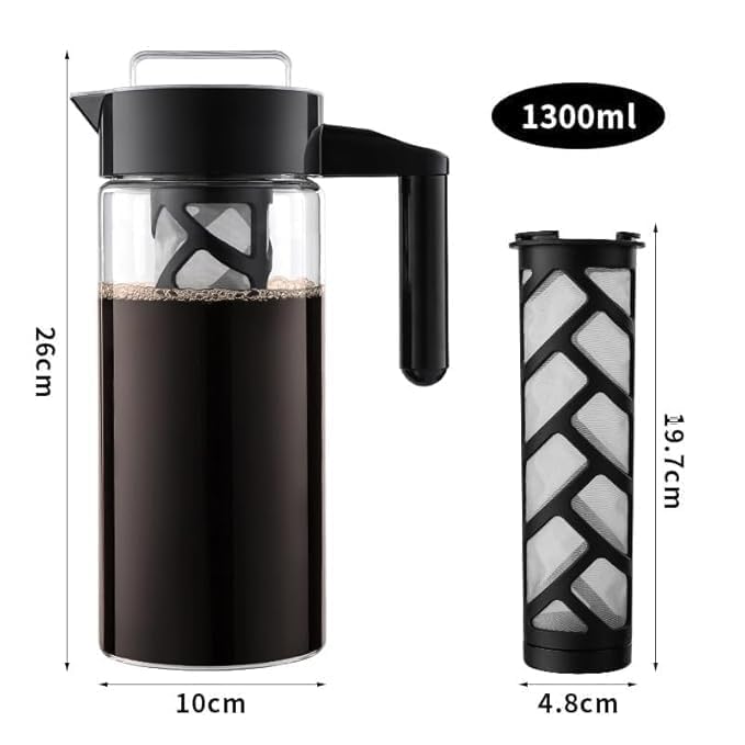 Image of Cold Brew Coffee Maker & Iced Tea Brewer - 1.3L Borosilicate Glass Pitcher with Reusable Mesh Filter - Easy to Clean, Dishwasher Safe - Ideal for Home & Travel