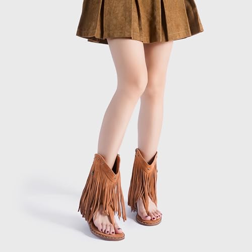 Image of Women's Bohemian Tassel Gladiator Sandals Brown Suede Thong Flip Flops for Fringe Summer Wedge Heel Sandal with Rivets Western Shoes