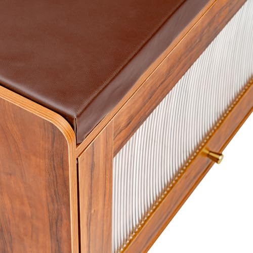 Image of Rocco Rosso Shoe Cabinet with Seat for 12 Pairs | Lift-Up Acrylic Fluted Shutter | Engineered Wood Shoe Rack Bench with Adjustable Shelves | Scratch-Resistant | Hallway Bedroom Entryway (Teak Brown)