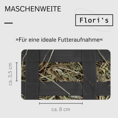 Foto von Flori's Heunetz für Pferde engmaschig - Stabiler Heusack für Pferde zur artgerechten Fütterung | Maschengröße 3x8 cm | Heuraufe Pferd | Spielzeug für Pferde | Pferde Zubehör | Heunetz engmaschig