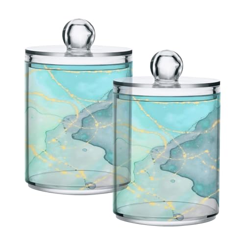 Mnsruu 4 Pack Qtip Holder Organizer Dispenser Modern Art Marble Teal Bathroom Containers Bathroom Vanity Storage Canister Apothecary Jars for Cotton Swabs/Pads/Floss