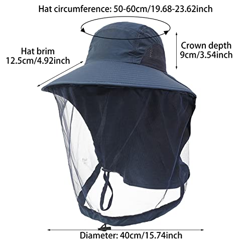 VIPITH Mosquito Net Hat, Safari Hat Sun Hat Mosquito Head Net Hat Bucket Hat Fishing Hat with Net Mesh for Outdoor Fishing Hiking Gardening Men Women(Navy Blue) - Thumbnail 2