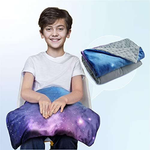 Solfres Small Weighted Lap Pad Blanket Throw for Kids Boys Teens 20in x 23in 5 Lbs - Sleep Therapy Plush Travel Size with Glass Beads, Galaxy Space Stars