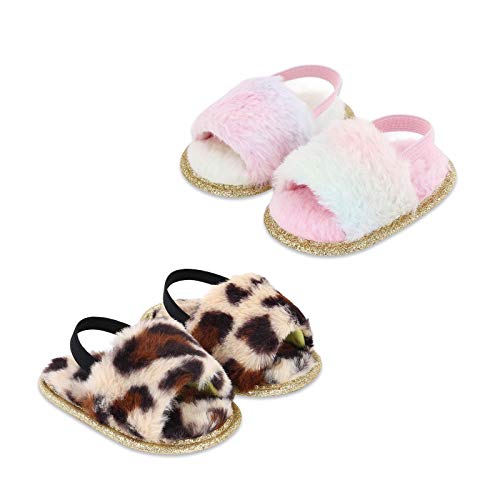 Image of Yinbwol 2 Pack Infant Baby Girls Sandals Elastic Back Strap Flats Slippers Soft Toddles Princess Shoes Faux Fur Slides Shoes First Walker House Shoes