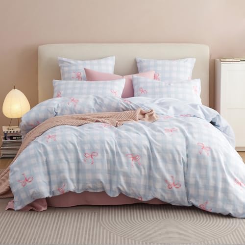 Tospass Juego de ropa de cama azul de 200 x 220 cm, con lazo rosa, ambos lados, certificado ÖkoTex y apto para alérgicos, funda nórdica con cremallera y 2 fundas de almohada de 80 x 80 cm