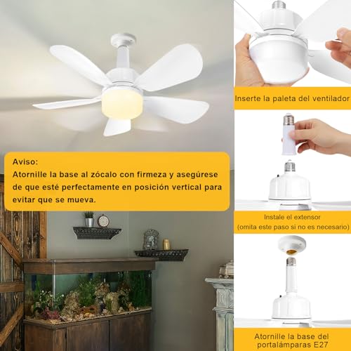 Gliztech 50CM Ventilador de Techo con Luz y Adaptador Extensor E27 Luces y Control Remoto, Ventilador de Techo con Luz LED para Baño, Cocina, Dormitorio y Garaje, 1Pack - imagen 4