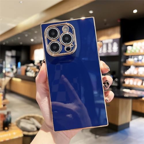 Coque silicone carrée pour iPhone 14 Pro Max et modèles X à 13 avec finition galvanisée bleu