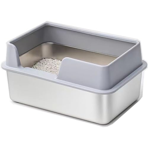KUNWU Stainless Steel Cat Litter Box 20"x 14"x 8" with Enclosure Lid, Easy Clean, Never Absorbs Odor, Semi-Closed Cat Litter Box with Scoop (Santas Gray, 20" x 14" x 8")