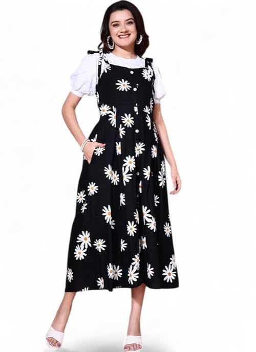 Women's Black Floral Rubber Printed Jumpsuit with White Puff Sleeve Top ? 2-Piece Stylish Western Casual-image-35