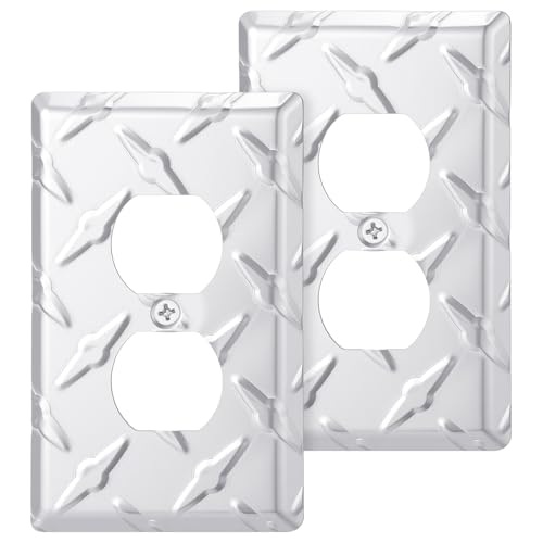 Tellegloww 2 Pcs Diamond Plate Wallplate Outlet Covers with Screws, Silver Aluminum Electrical Duplex Outlet Cover Wall Plates Durable Metal Stamped Finish for Home Garage Workshop Decorative
