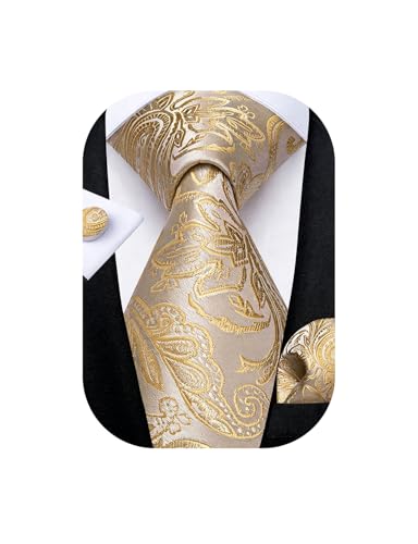 Image of DiBanGu Mens Paisley Tie Set Silk Woven Jacquard Necktie and Pocket Square Cufflinks Gift Set for Wedding Bussiness