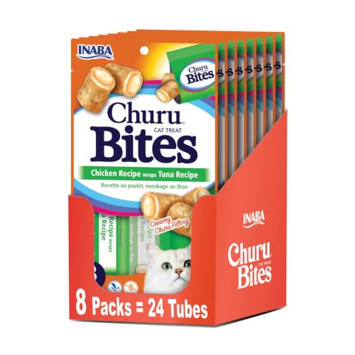 Image of INABA Churu Bites for Cats, Soft /Chewy Baked Chicken Wrapped Churu Filled Cat Treats with Vitamin E, 0.35 Ounces per Tube, 24 Tubes Total (3 Tubes per Pack), Tuna Recipe