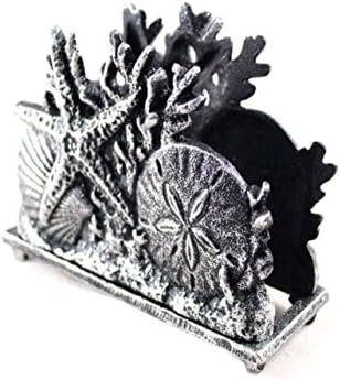 Hampton Nautical Antique Silver Cast Iron Seashell Napkin Holder 7 Inch - Seashell Decoration - Beach Kitchen Decorating
