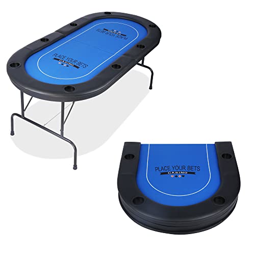Vilobos Poker Table Foldable 6-8 Players Folding Poker Table Fully Assembled Casino-Style Texas Hold'em Poker Table With Faux Leather Padded Rails And Cup Holders, Blue #TOP14