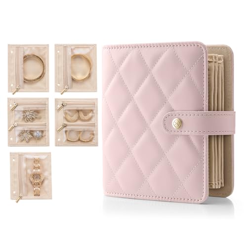 Vlando Pequeno organizador de livros de joias – Estojo de couro para viagem com 5 páginas destacáveis para colares, anéis, brincos, sem emaranhados, para presente, mal rosa
