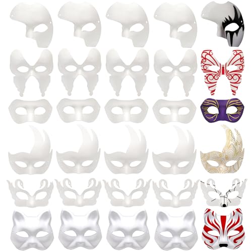 Nicunom 30 Pack Paper Mache Art Masks, DIY Blank Masks Paintable Masquerade Mask White Half Face Masks Costume Craft Mask for Art Party Mardi Gras Cosplay Dance Halloween Christmas