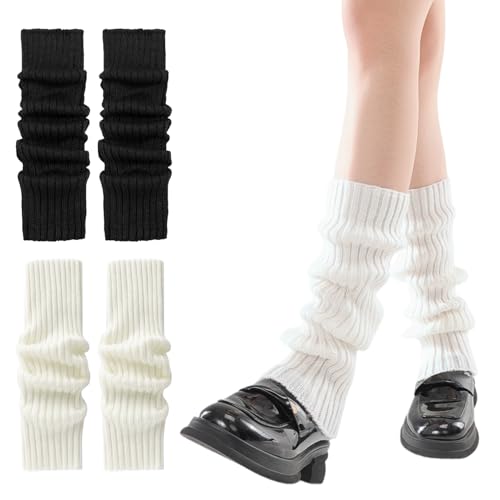 2 Paare Bein Stulpen Damen, Leg Warmers, 40cm Beinstulpen Kinder Mädchen, Ballett Stulpen Mädchen Kostüm, Legwarmer Y2K, Fashion Beinlinge, Winter Beinwärmer Stricken, Vintage Legwarmer(Schwarz, Weiß)