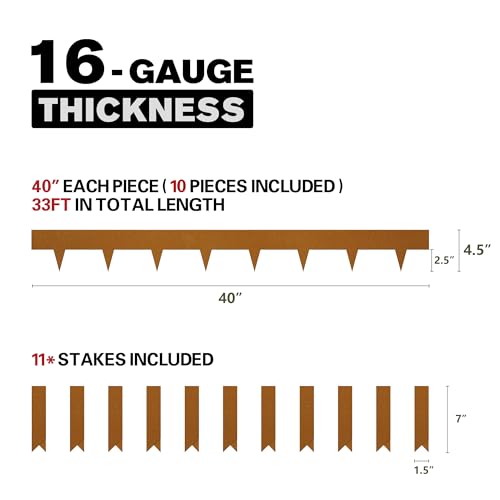 KOL Weather Resistant Steel Flexible Garden Lawn Edging, 10-Pack Pre-Rusted Metal Landscape Edging Strips - Heavy Duty Hammer-in Border with 11 Clips - 16-Gauge - 40\" L x 4.5\" H (33FT Total Length)