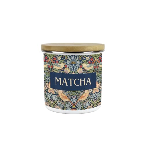 Image of Blue Strawberry Thief Matcha Canister - White Metal/Enamel Medium 600ml Kitchen Storage Container Gift