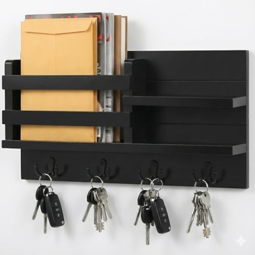Image of Key Holder for Wall with Mail Shelf & 4 Hooks | Engineered Wood (Blackk, Elegant Mail Organizer - 35.5 x 9 x 23 cm)