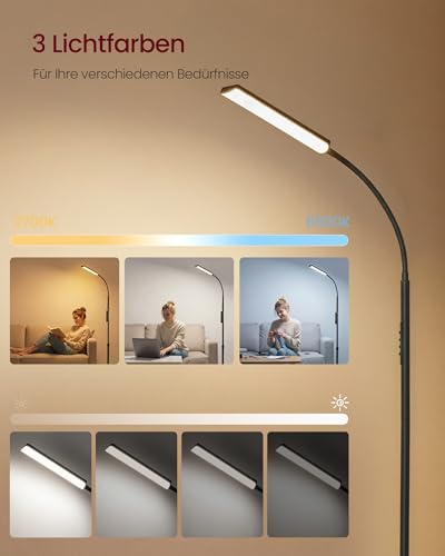 VASAGLE Stehlampe, 3 Farben, 10 Helligkeiten, Schlanke LED Leselampe – Ansicht 4