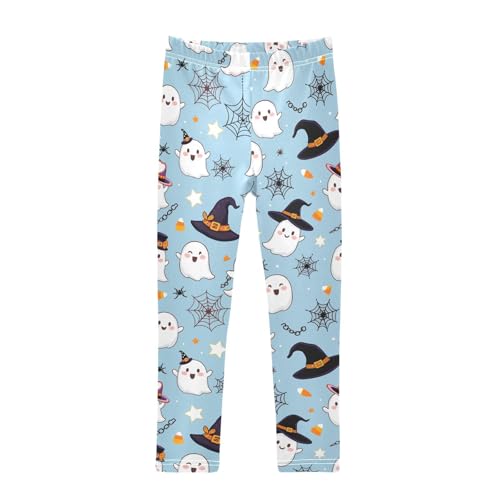 Cute Ghost Hat Spider Web Blue Girls Leggings Soft Stretch Workout Yoga Dance Pants for Kids Casual Tights