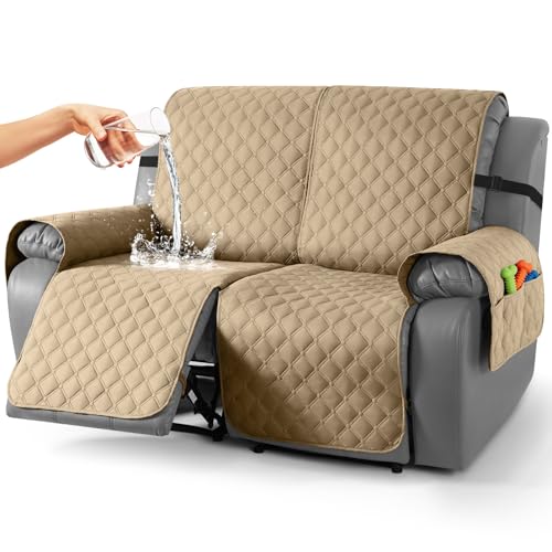 Image of TAOCOCO 100% Waterproof Recliner Covers, Recliner Sofa Covers with Leg Straps, Reversible Recliner Couch Cover for Reclining Chair, Washable Couch Protector for Pets Kids(2 Seater, Camel)