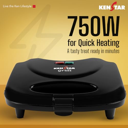 Image of Kenstar GRILLI 750W Sandwich Grill Maker | Non-Stick 2-Slice Plates | Cool-Touch Body & Auto Cut-Off | Black