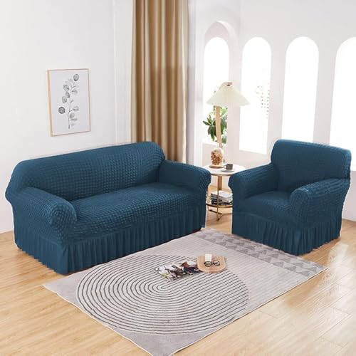 Image of Lukzer 320 GSM Stretchable 1 Seater Turkish Sofa Cover Universal Couch Protector Bubble Fabric with Frill Universal Big Elasticity Slipcover (Teal Blue /SC-103-01 /70-110cm)