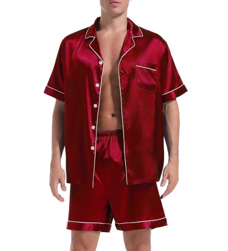 Couple Pajamas Set Men Satin Short Sleeve Sleepwear 2 Pcs Button Down Pjs Loungewear Wine Red Small2