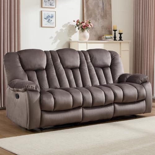 EBELLO Reclining Sofa for Living Room, Extra Wide Modern Overstuffed 3 Seat Recliner Manual Sofa Chair with Hidden Armrest Cup Holders, Breathable Soft Fabric and Padded Seat, Brown