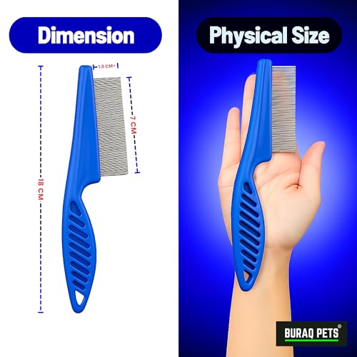 Image of Buraq Flea Comb for Cats and Dogs Large Stainless Steel Grooming Comb for Removing Fleas Ticks Lice Eggs and Dirt with Anti Slip Handle Suitable for All Hair Types