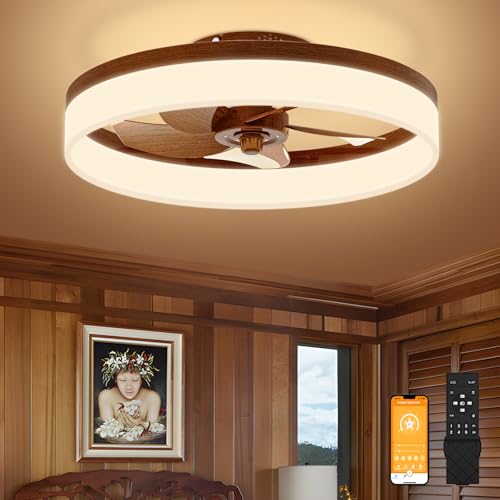 Image of VOLISUN Farmhouse Ceiling Fans with Lights and Remote, 19.7in Low Profile Ceiling Fan Flush Mount, 3000K-6500K Dimmable Bladeless LED Fan Light, Fandelier Ceiling Fans with Lights for Bedroom(Walnut)