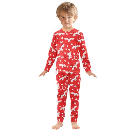 Pajama Sets Long Sleeve Red Cranes and Leaves Pattern Soft Comfy Sleepwear 2 Piece PJS 3-8T2