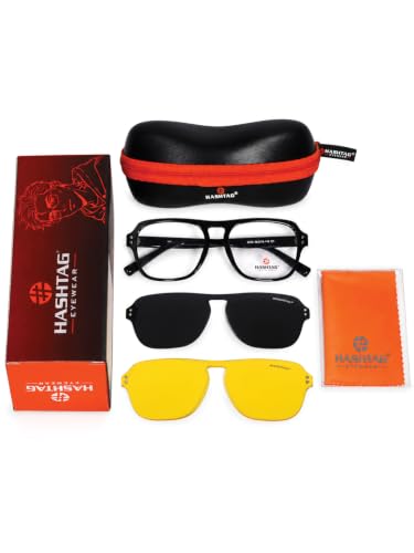 Image of HASHTAG EYEWEAR 3-in-1 Magnetic Clip-On Polarized Sunglasses for Men | Spectacle Frame with UV400 Protection | Day & Night Magnetic Glasses | Clip-On Eyewear for Men