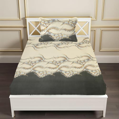 Image of IVAZA 240 TC Soft Ezyption Cotton Floral Print Single Bed Bedsheet - with 1 Pillow Covers, Hypoallergenic, Brethable, (Size- 60 x 90 Inch | Beige Black
