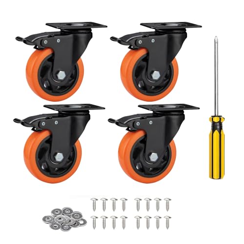 YIUBCZOQI 100mm Furniture Castors Heavy Duty Castor Wheels with Brakes, Double Bearing PU Trolley Wheels Rubber Swivel Castor 4 Industrial Plate Casters Capacity 700KG-Orange