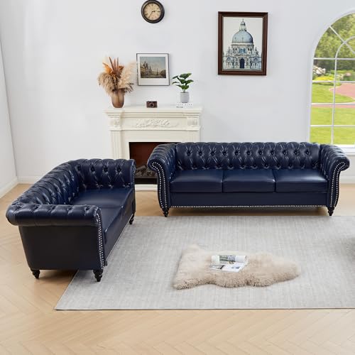 Image of QHITTY 2 Piece Living Room Set, Sectional Chesterfield Sofa Contemporary Upholstered Artificial Leather Loveseat Couch Sets for Living Room, Bedroom, Office (Blue)