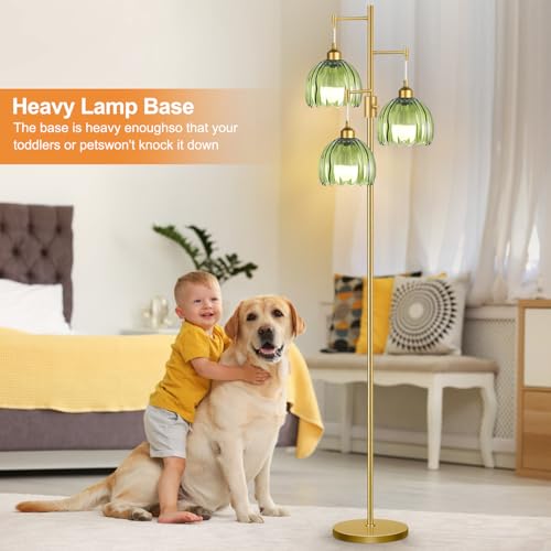 Image of ZECOXOL Dimmable Floor Lamps for Living Room-3 Light Gold Floor Lamp with Three Bulbs & Glass Lampshape, Mid Century Modern Standing Lamp Tree Tall Flower Floor Lamp for Bedroom Living Room,Corner