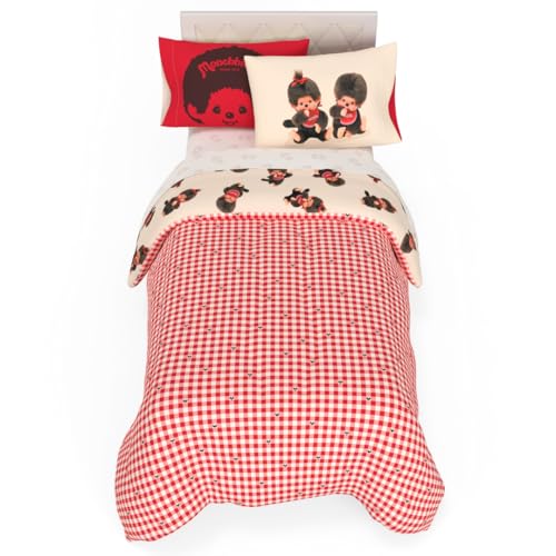 Image of Monchhichi Bedding 5 Piece Twin Bed Set, Soft Cozy Nostalgia Reversible Comforter and Sheet Set with Sham, Officially Licensed Product By Franco