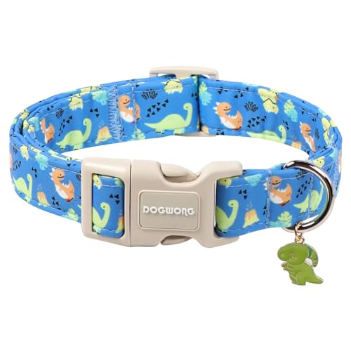 DOGWONG Blue Dog Collar Adjustable Soft Natural Fabric Boy Pet Dog Collar Cute Dinosaur Dog Collars for Small Medium Large Dogs