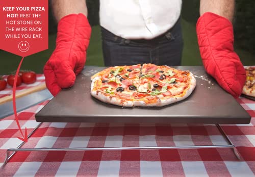Black Pizza Stone For Oven And Grill With Wood Pizza Peel & Pizza Cutter - Cordierite Baking Stone Ceramic Coated Stainless And Non-Stick - Detachable Serving Handles - 15 Inch X 12 Inch Large #TOP6