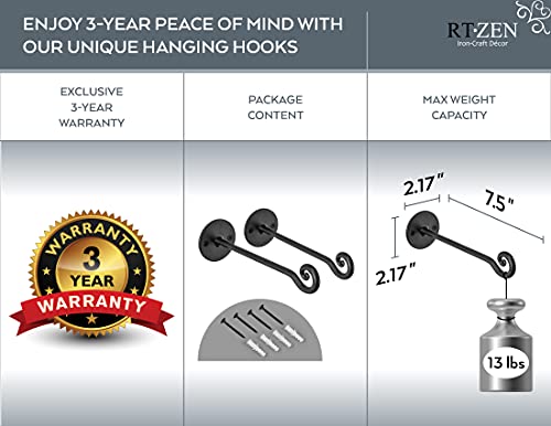 Rtzen Plant Hanger Swirl Hook - Hand Forged Heavy Duty Wrought Iron Wall Decor - Indoor Or Outdoor Swirly Hanging Plant Bracket For Bird Feeders Lanterns Baskets And Wind Chimes - 2 Pack #TOP3