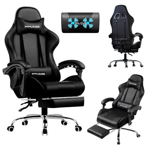 LUCKRACER Chaise de Gaming avec Massage Ergonomique | Repose-Pieds et appuie-tête rétractable | Support 150 kg | Bureau et Maison | Couleur Noire