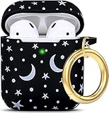 Moon Star Silicone Case Compatible with Airpods Case, Gawnock Soft Earpod Case Cover Flexible Compatible with Airpods 2nd/1st Generation Floral Print Cover for Women Girls with Keychain - Moon/Star
