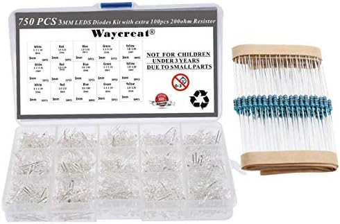 Waycreat 750pcs (5 Colors x 150pcs) 3mm LED Light Emitting Diodes Round Head Clear Assorted Color Kit (100pcs 200ohm resistors Included)