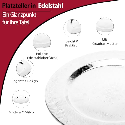DRULINE Silberner Edelstahl Platzteller für Festtage:Metallteller als Deko – Ideal als Kerzenteller, Servierplatte oder Dekotablett zu Weihnachten. Adventskranz Teller Ø 35 cm mit Quadrat-Muster