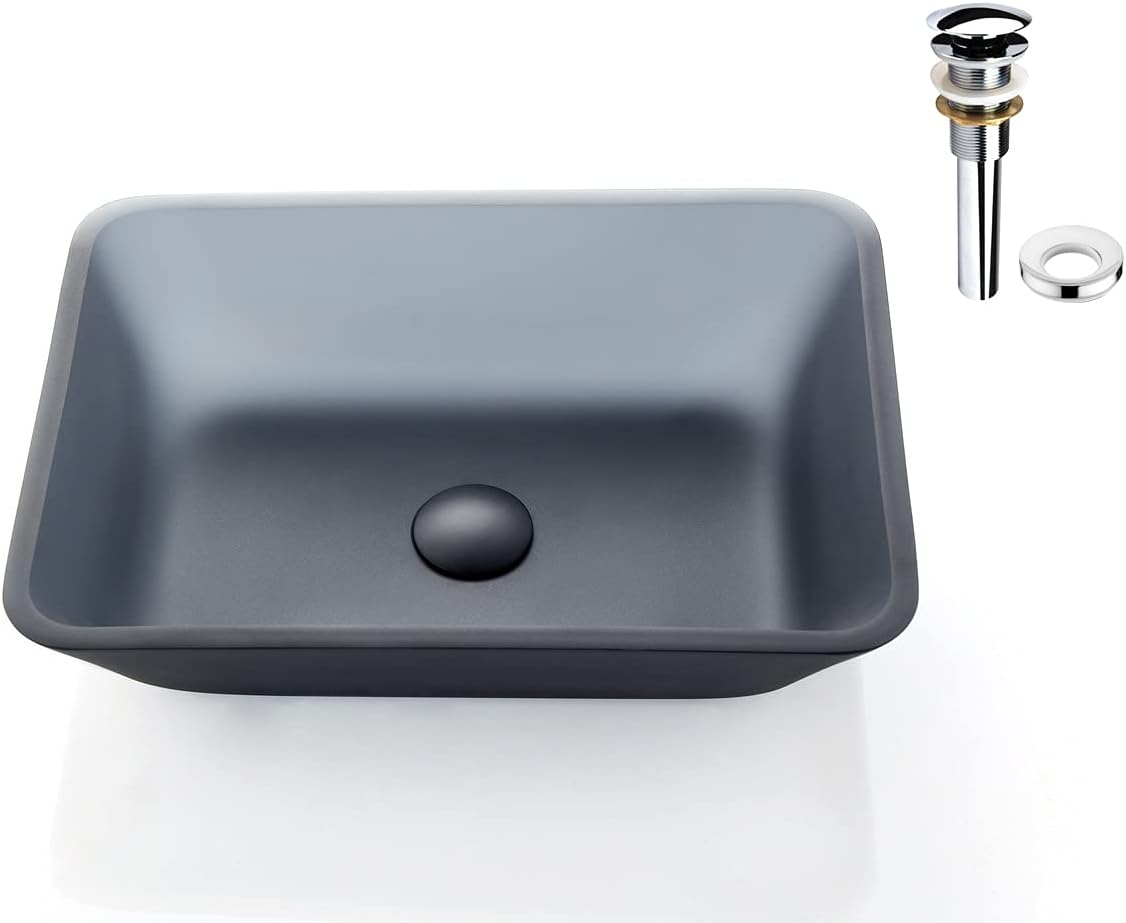 Europea GreyTempered Deco Glass Vessel Bathroom Sink in Grey Transparent Matt | Top Mount Sinks Above Countertop |Rectangular Vanity Countertop Sink Bowl with Pop Up Drain | FW-LA651