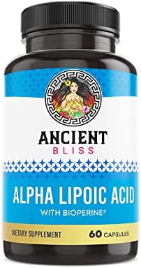 Ancient Bliss Alpha Lipoic Acid Supplement, Antioxidant and Energy Support, ALA Supplement with Bioperine, No Gluten and Soy, 600mg per Serving, 60 Vegan Capsules